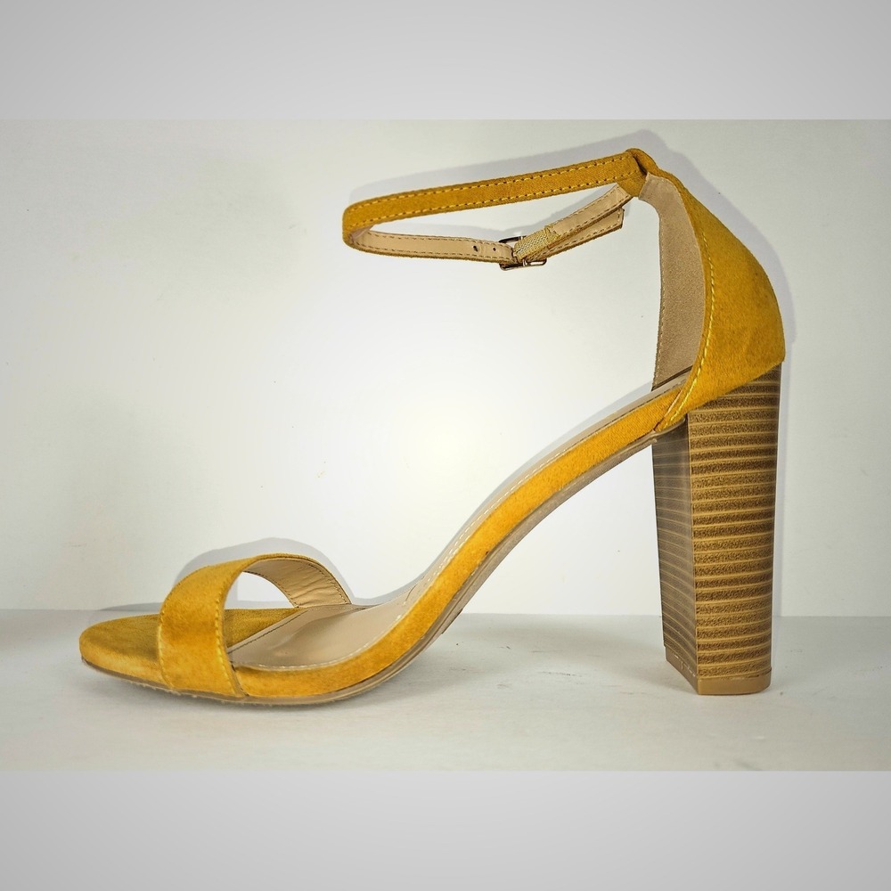 Lulus Taylor Stacked Mustard Yellow Suede Ankle Strap Block Heels Sandals 8.5
